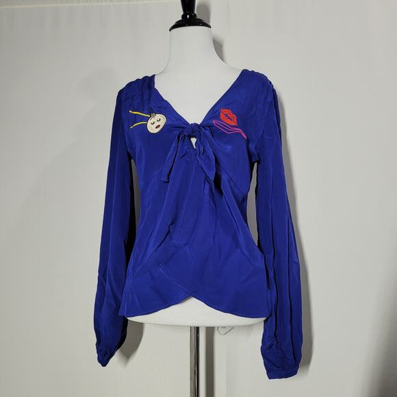 Yumi Kim Dewy Dumpling Silk Long Sleeve Chest Front Tie Blue Top Size Medium - Picture 1 of 8
